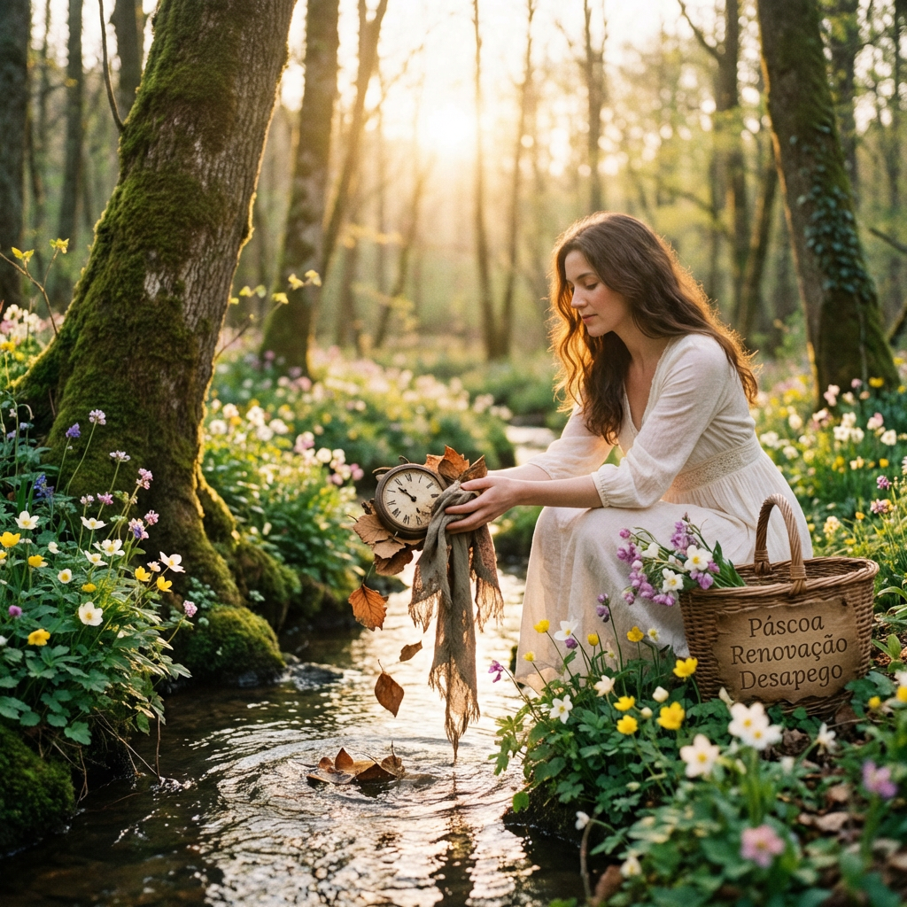 Woman by a stream with a basket reading Páscoa Renovação Desapego holding a clock shedding leaves.